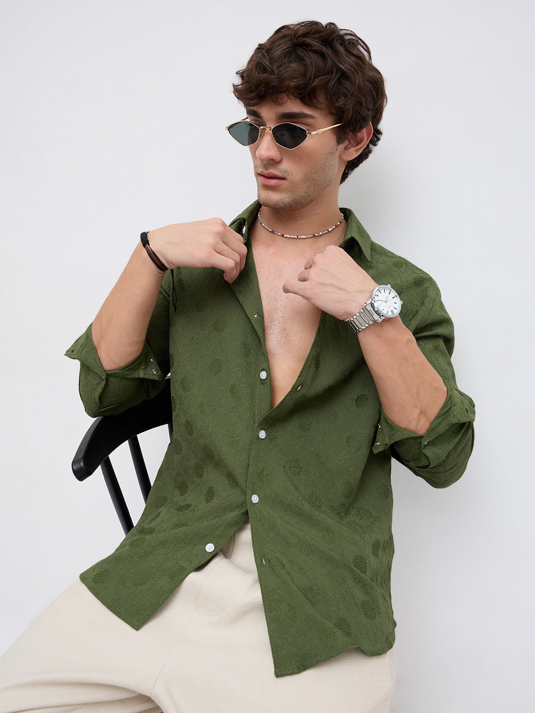 Refined Forest Green Floral Textured Shirt