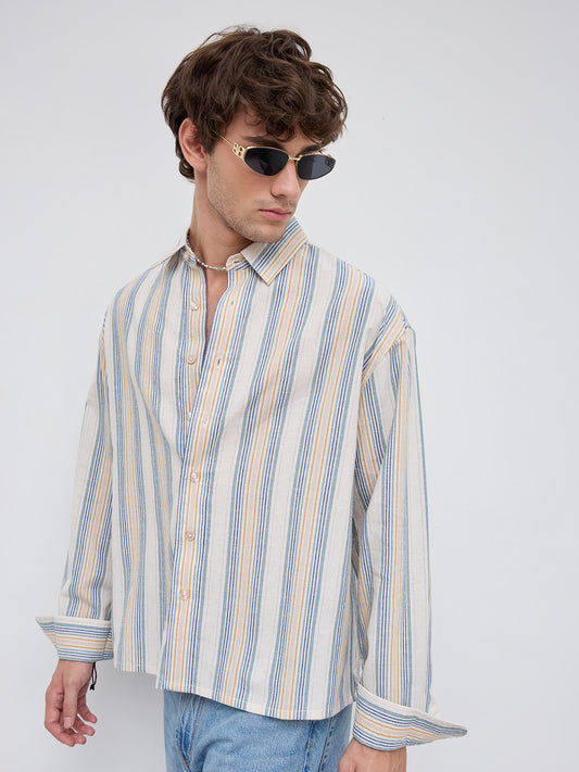 Ornate Multicolor Striped Linen Blend Boxy Fit Crop Shirt