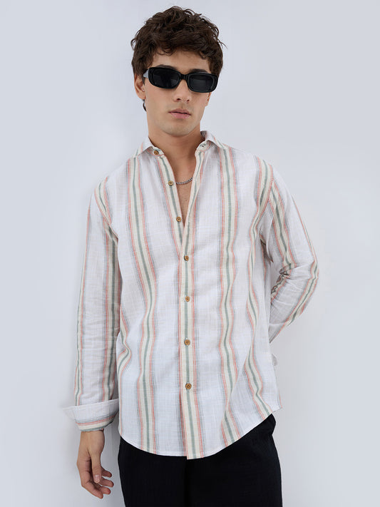 Olive Multi Striped Slub Textured Shirt