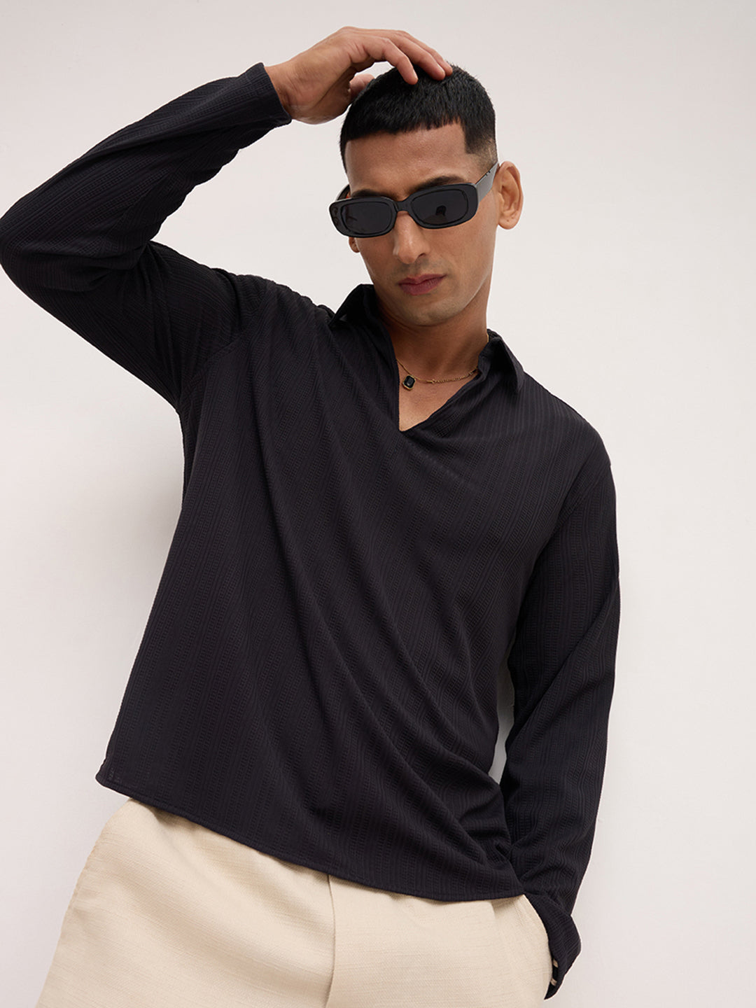 Black Linework Airknit Oversized Polo Shirt