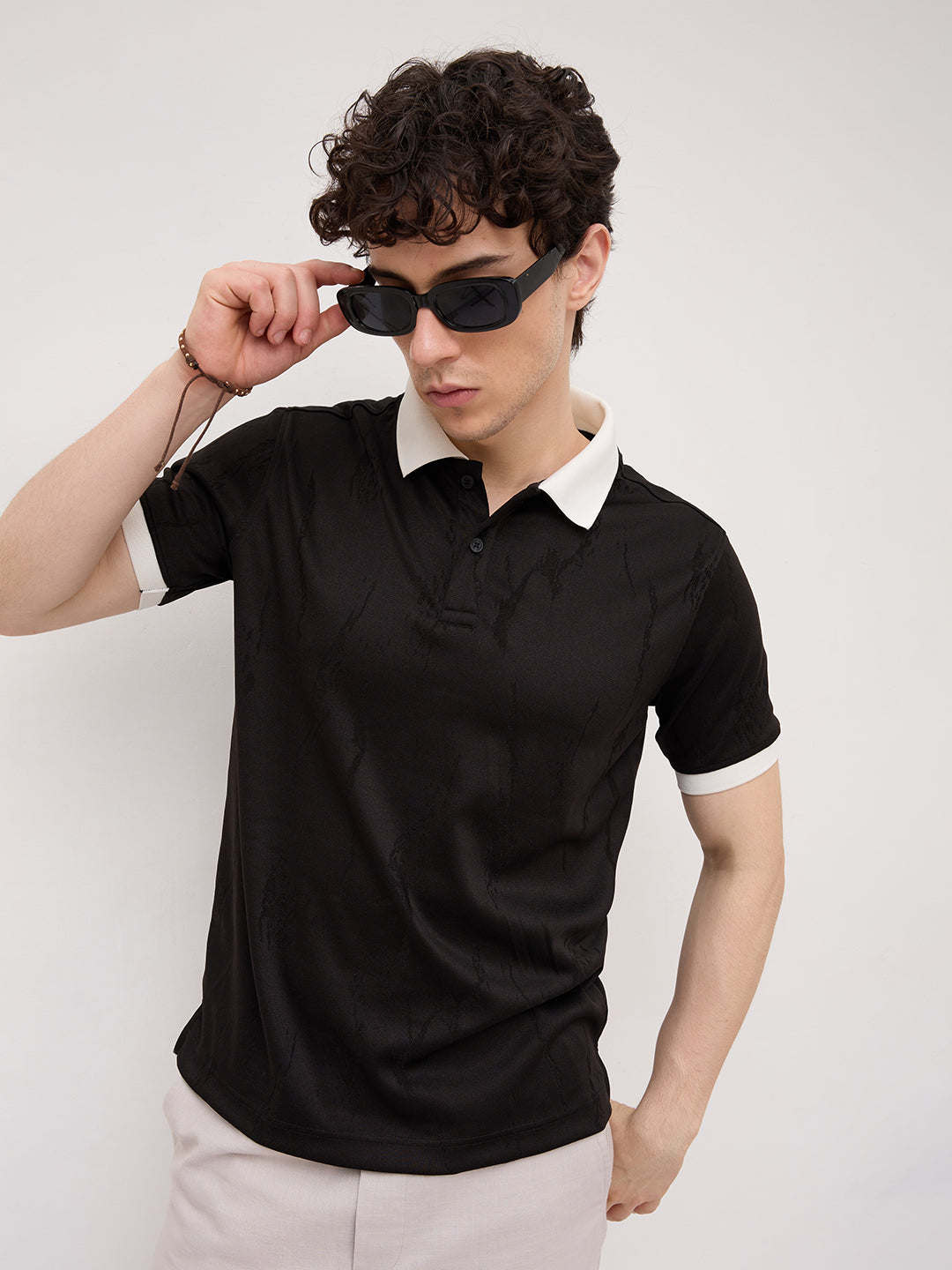 Intricate Black Textured Contrast Polo Knit T-Shirt