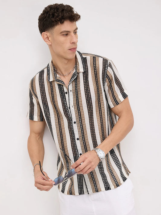 White Boho Weave Striped Crochet Shirt