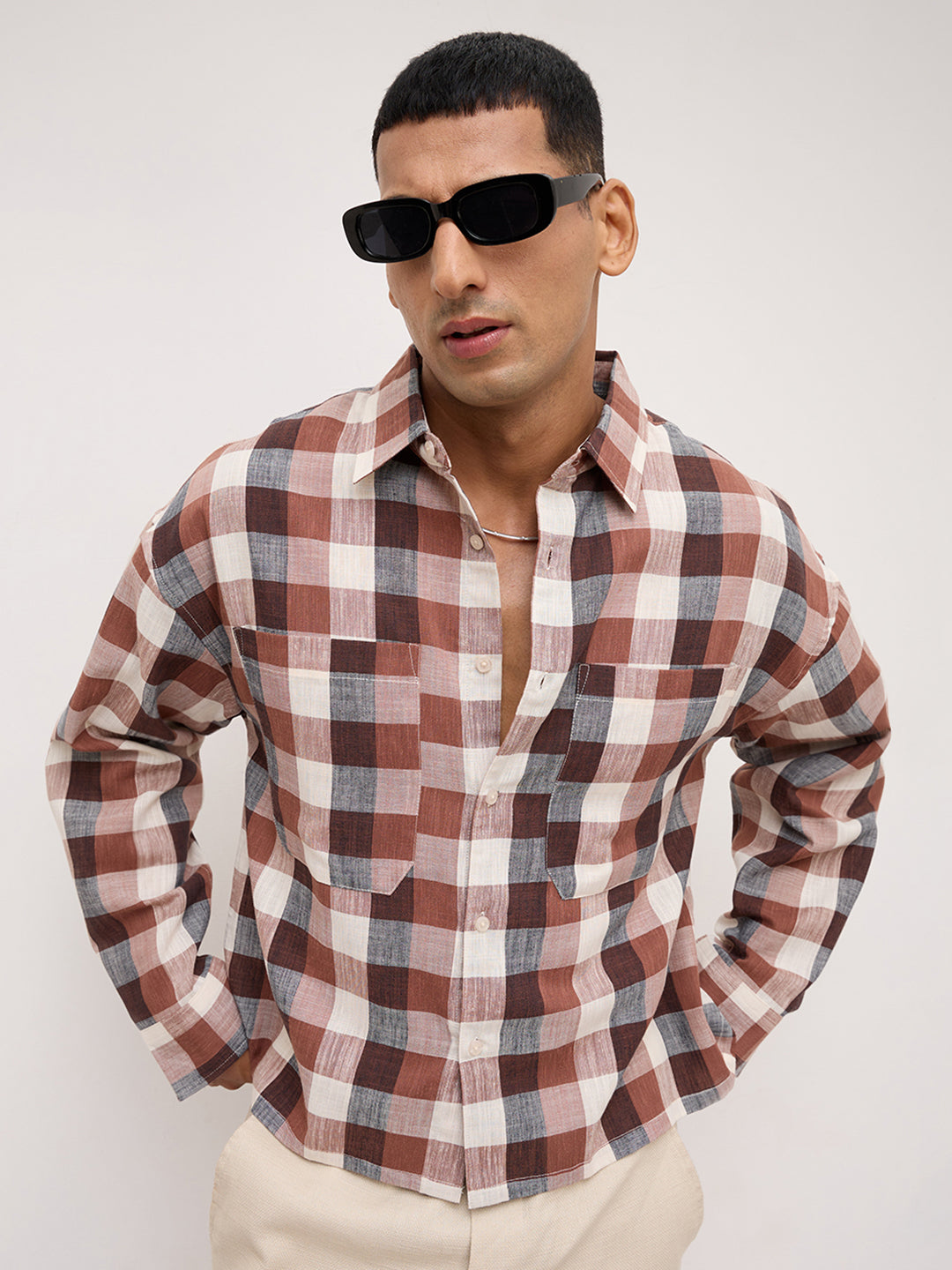 Elevated Maroon Block Checks Twin Pocket Boxy Fit Crop Shirt