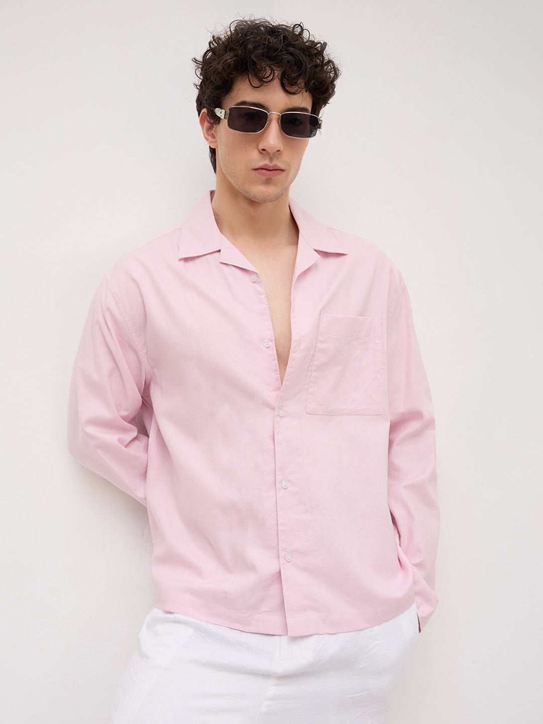 Soft Pink Linen Blend Notch Collar Oversized Shirt