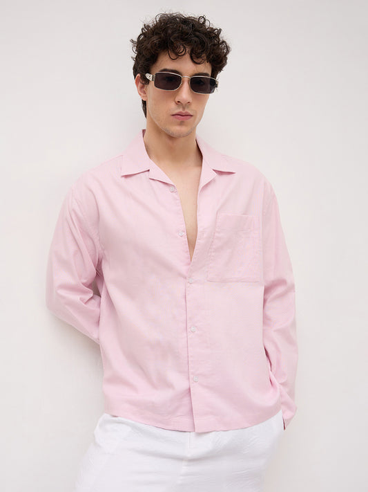 Soft Pink Linen Blend Notch Collar Oversized Shirt