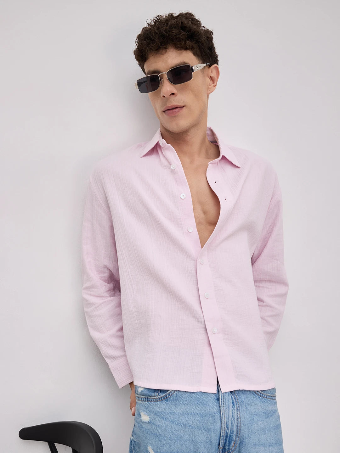 Soft Baby Pink Double Cloth Seersucker Striped Boxy Fit Crop Shirt