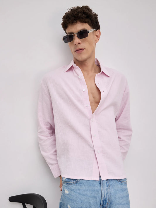 Soft Baby Pink Double Cloth Seersucker Striped Boxy Fit Crop Shirt