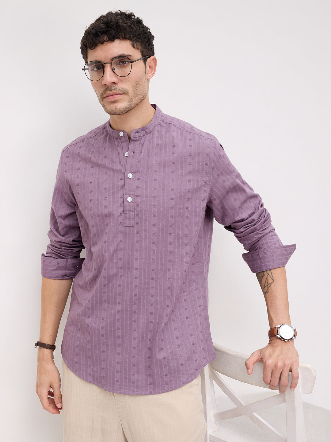 Royal Chinese Voilet Striped Loom Kurta