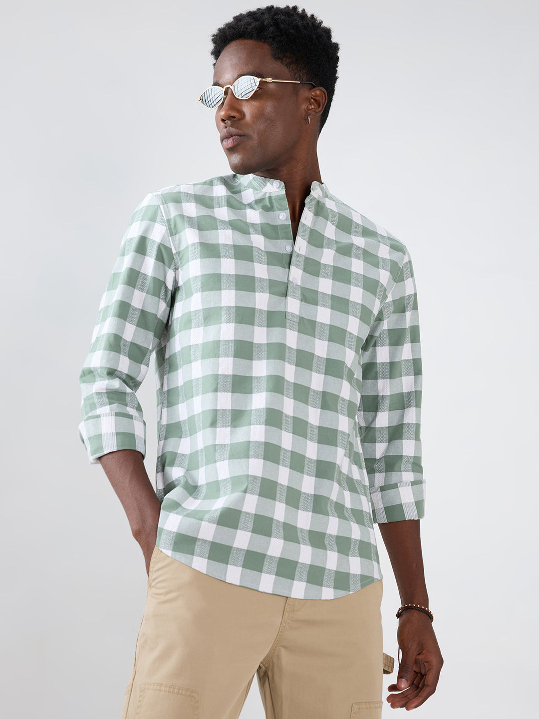Premium Dusty Seafoam Green Textured Checks Kurta