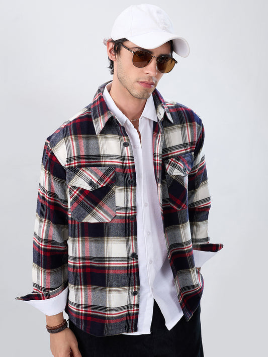 Elevated Crimson Black Winter Checks Double Pocket Flannel Shirt