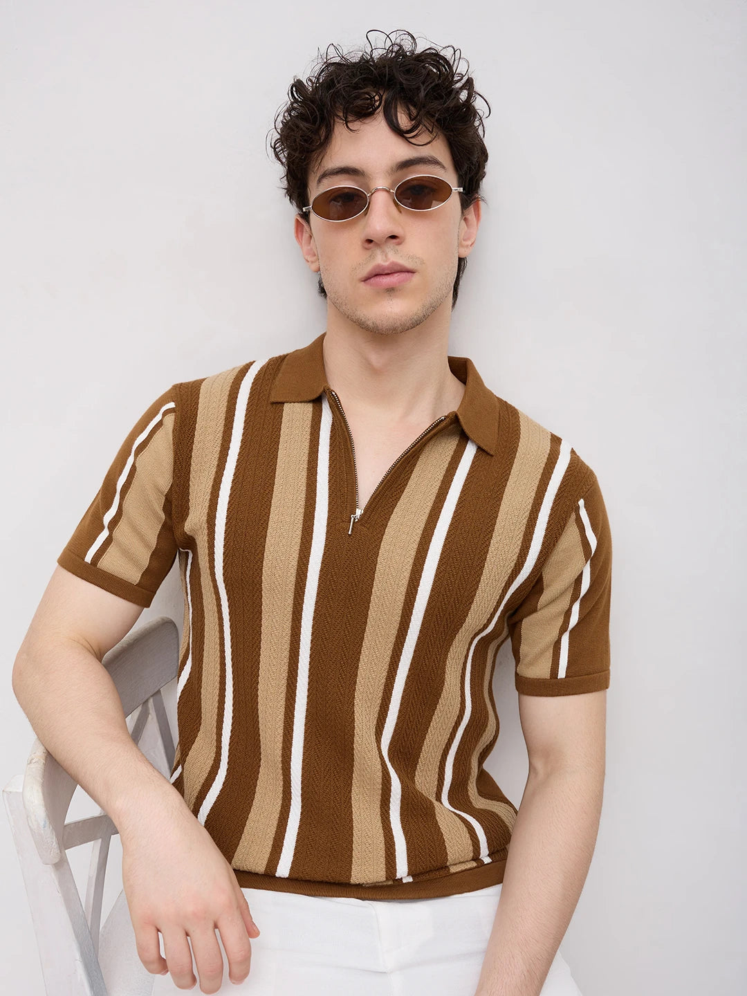 Retro Riviera Vertical Flat Knit Polo T-Shirt