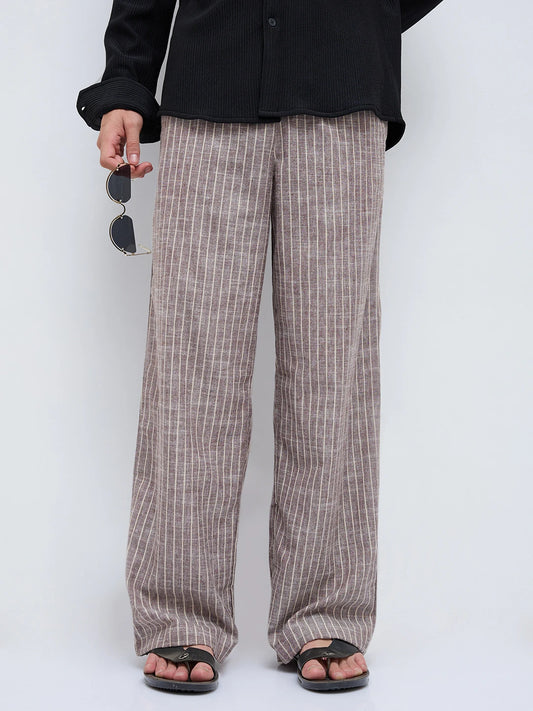 Rich Brown Striped Wide Leg Trousers