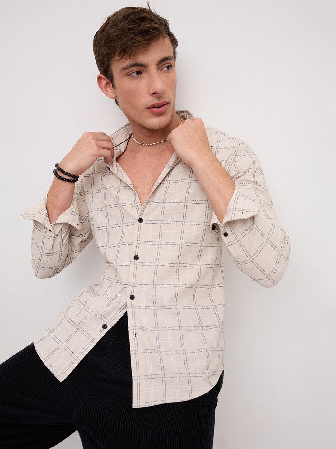 Beige & Black Gridline Graph Textured Checks Shirt