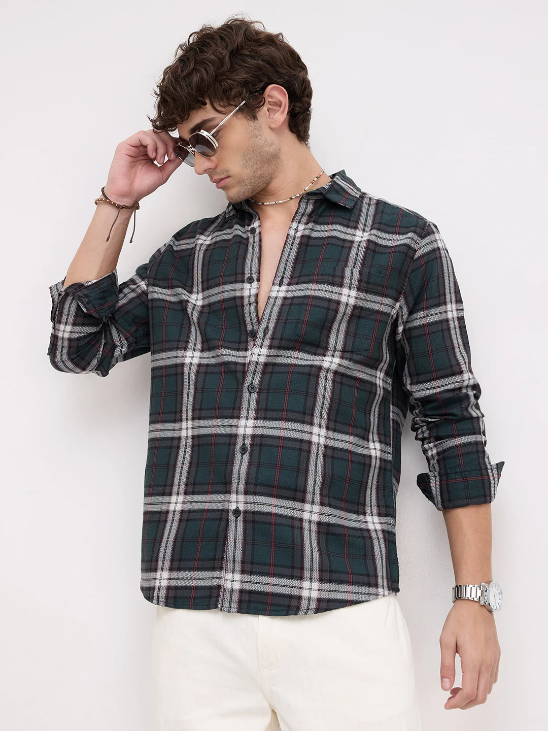 Deep Forest Green Contrast Checks Shirt