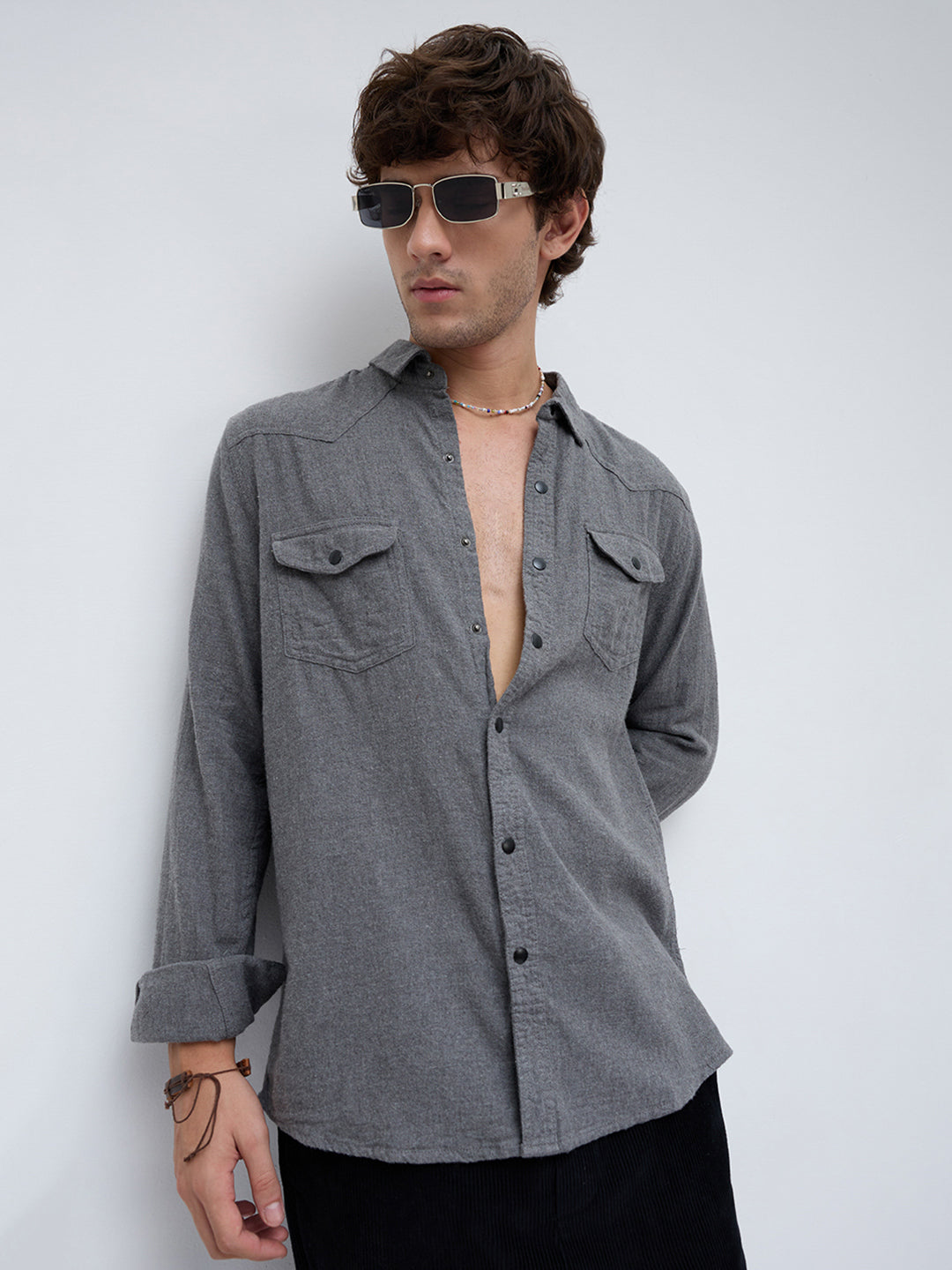 Solid Intense Grey Flannel Double Flap Pocket Shirt