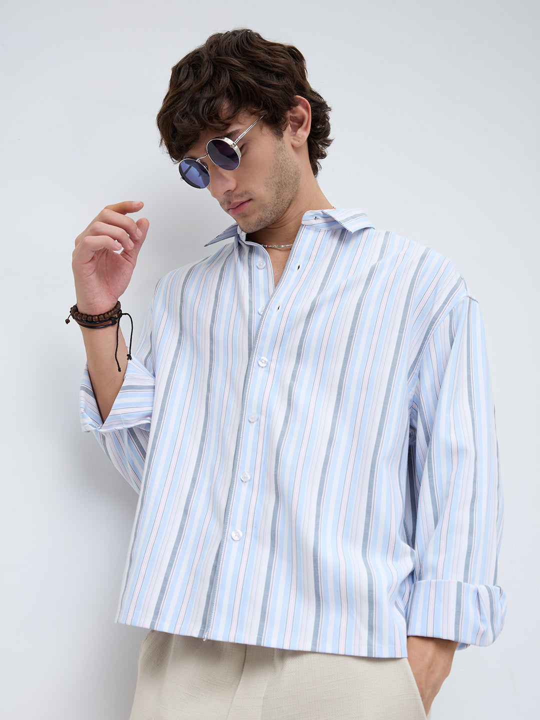Sea Breeze Multi Stripe Weave Boxy Fit Crop Shirt