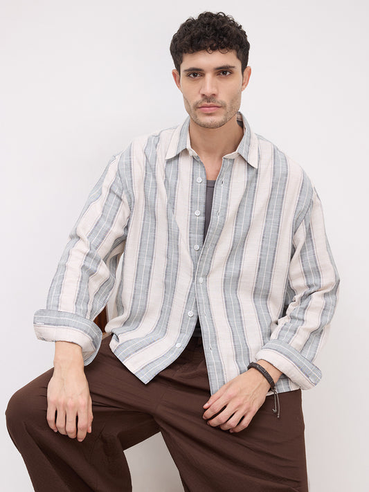 Sage Field Multitone Loomstriped Boxy Fit Crop Shirt