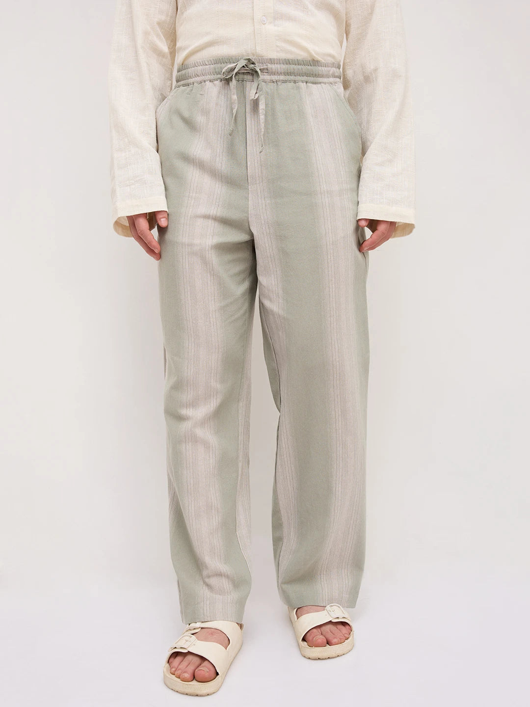 Laurel Green Striped Linen Blend Straight Fit Trousers