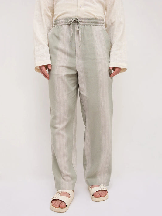 Laurel Green Striped Linen Blend Straight Fit Trousers