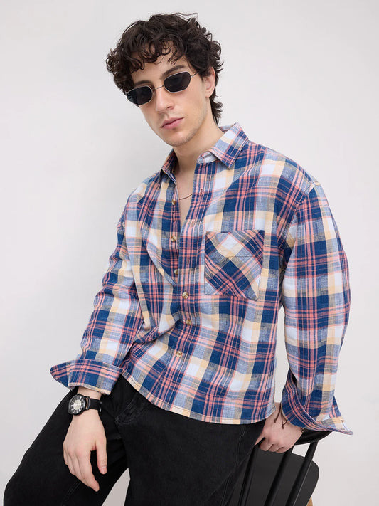 Luxe Denim Coral Pink Plaid Checks Boxy Fit Crop Shirt