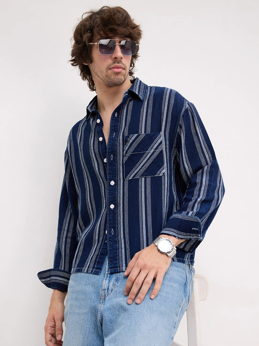 Artisan Midnight Navy Striped Denim Boxy Fit Crop Shirt
