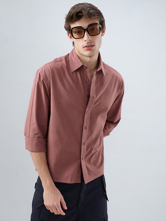 Dusty Brownish Pink Airy Striped Weave Boxy Fit Crop Shirt