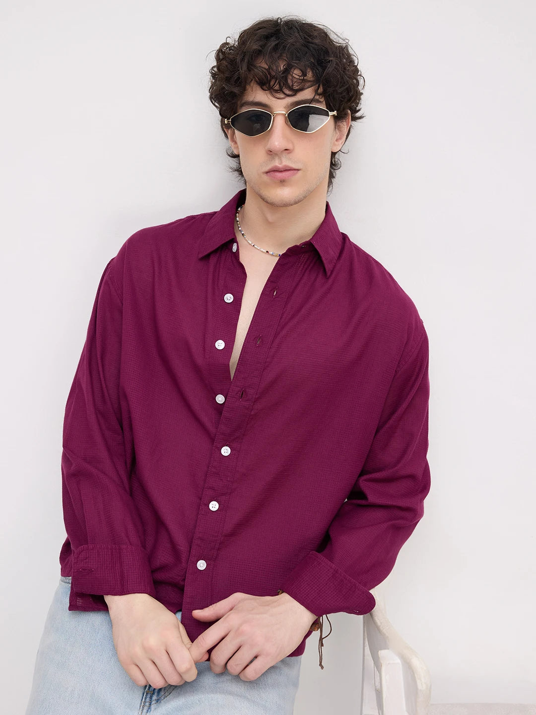 Luxe Maroon Micro Square Textured Boxy Fit Crop Shirt