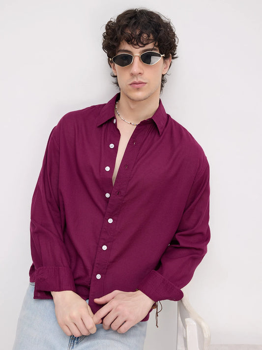 Luxe Maroon Micro Square Textured Boxy Fit Crop Shirt