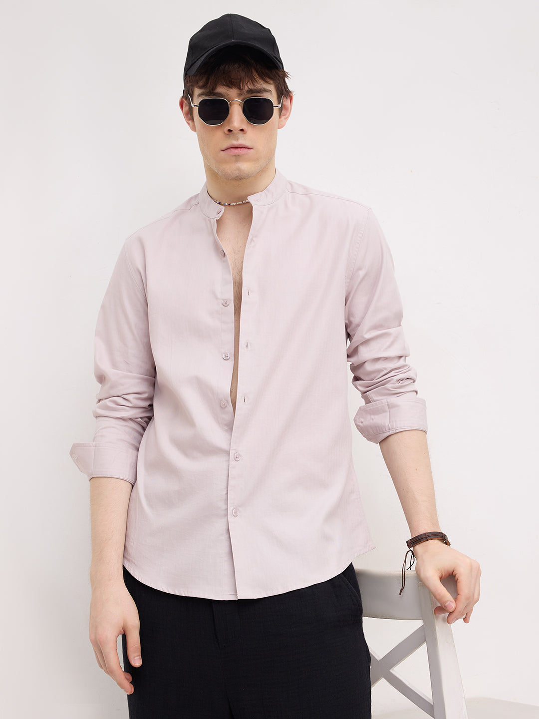 Cosmic Latte Beige Herringbone Textured Mandarin Shirt