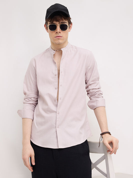 Cosmic Latte Beige Herringbone Textured Mandarin Shirt