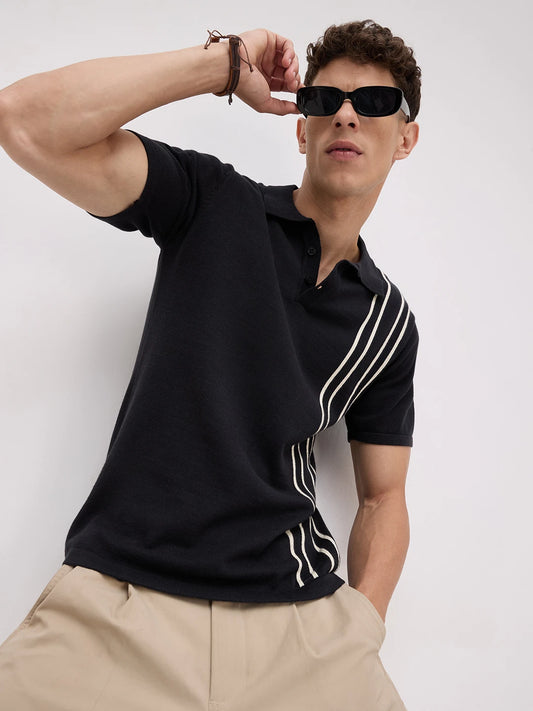 Black Contrast Vertical Striped Flat Knit Polo T-Shirt