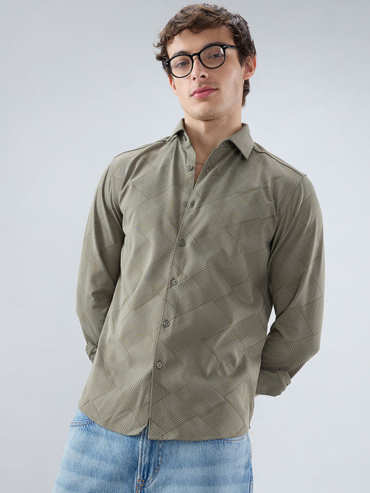 Intricate Olive Block Weave Knitted Shirt