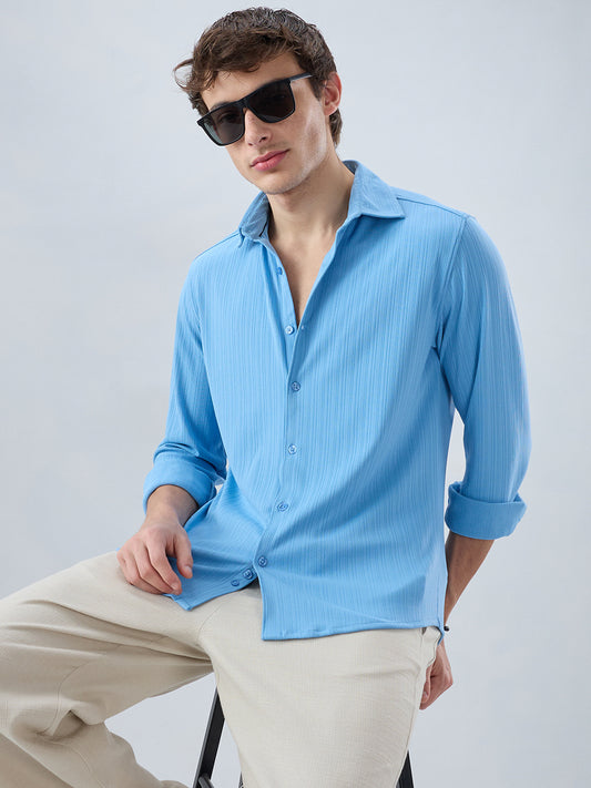 Sky Blue Fine Vertical Ribbed Knitted Shirt
