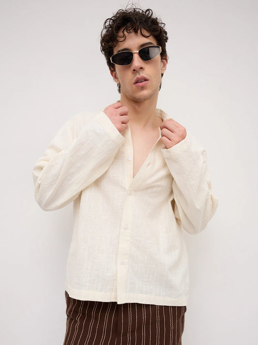 Ivory Sheer Textured Cuffless Oversized Shirt