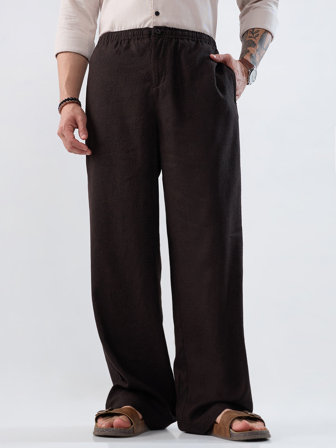 Brown Linen Blend Motif Printed Wide-Leg Trousers