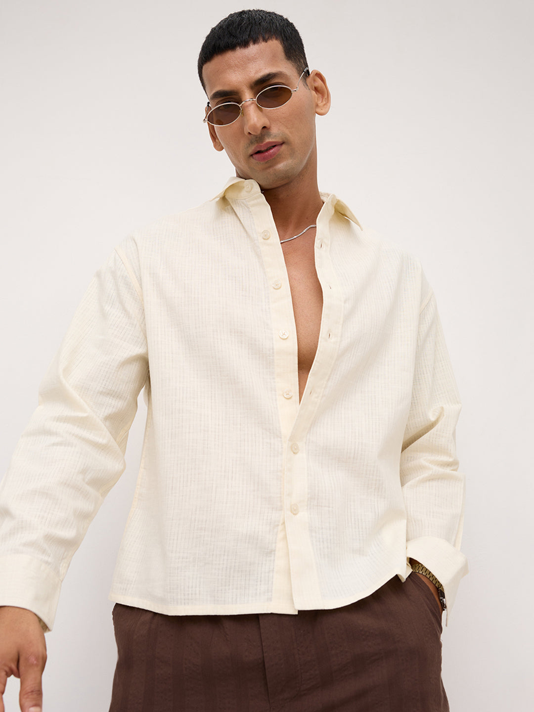 Ivory Sheer Slub Textured Boxy Fit Crop Shirt