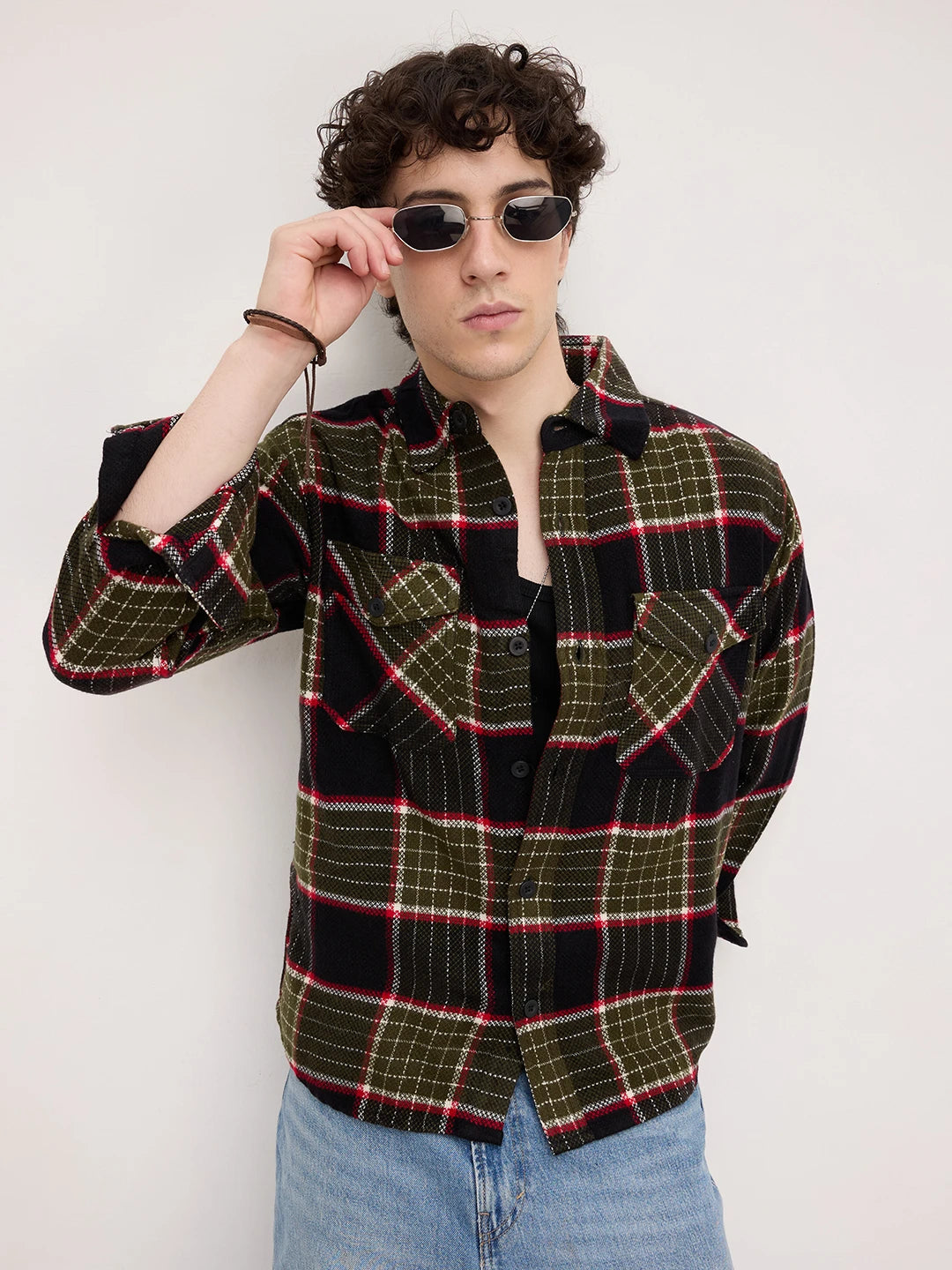 Premium Red & Olive Checks Double Pocket Boxy Fit Crop Shirt