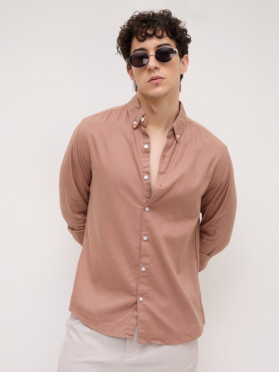 Creamy Coral Peach Button-Down Collar Linen Blend Business Shirt