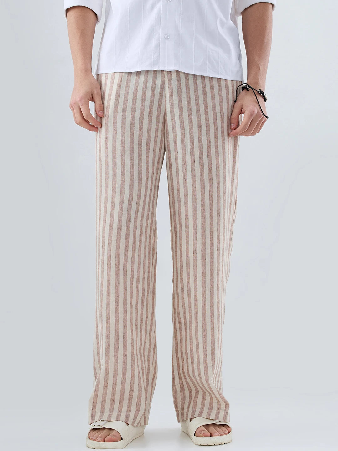 Brown & Ivory Striped Linen Blend Wide Leg Trousers