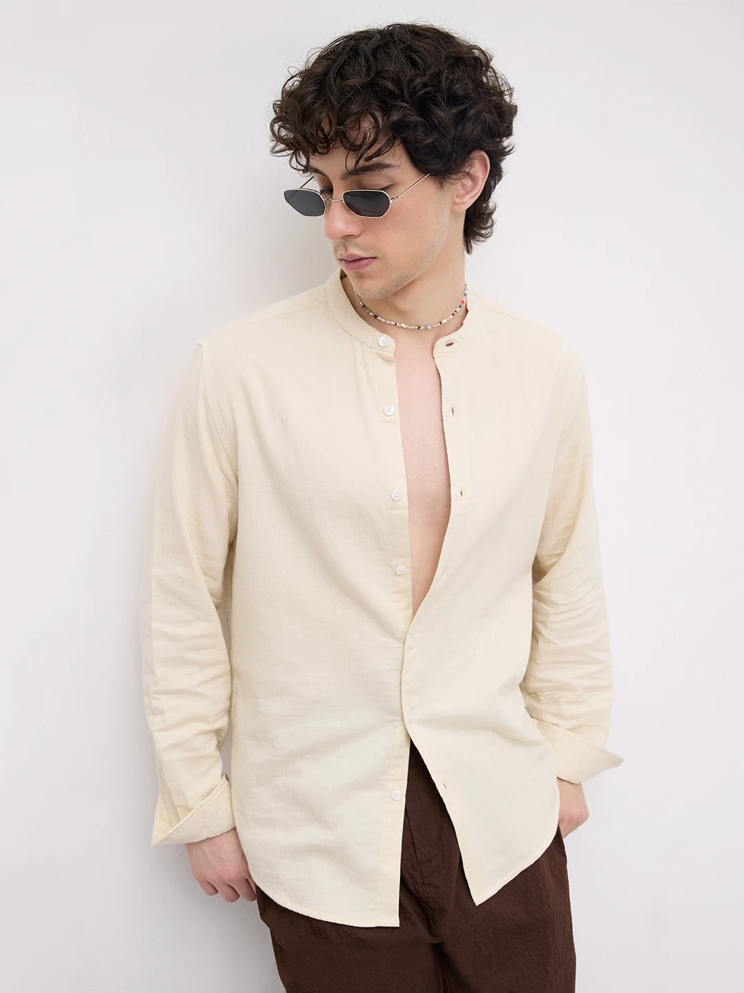 Bisque Beige Herringbone Textured Mandarin Shirt