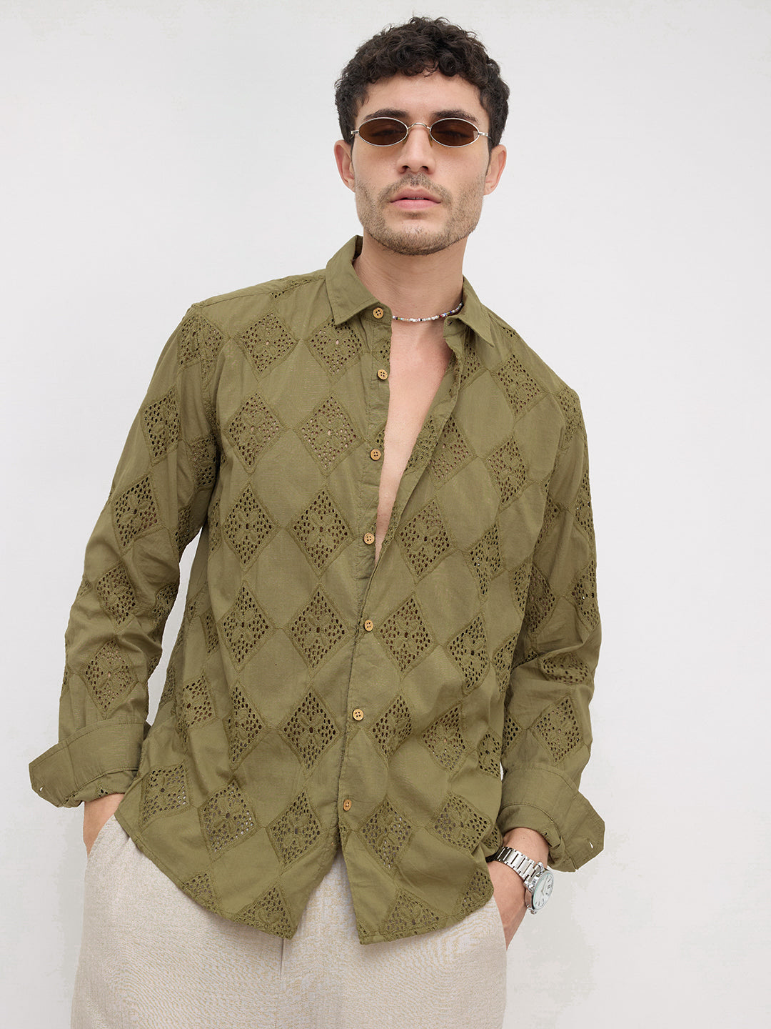 Olive Lozenge Schiffli Shirt