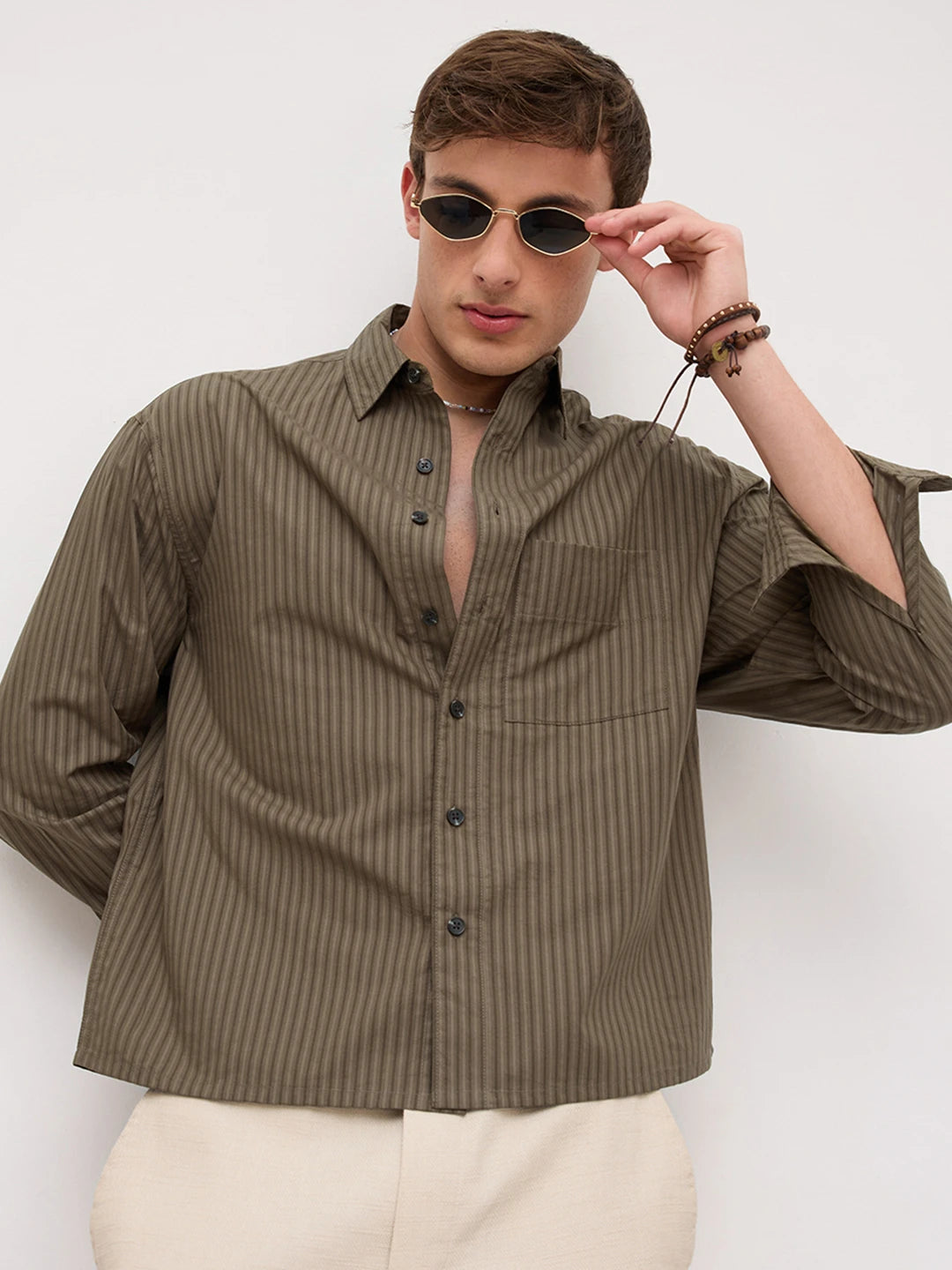 Olive Sheer Striped Boxy Fit Crop Shirt