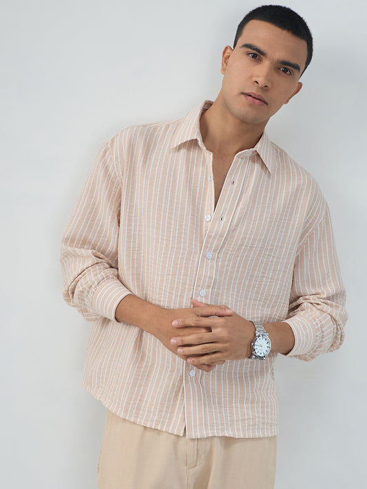 Crayola Peach Vertical Striped Crinkled Boxy Fit Crop Shirt