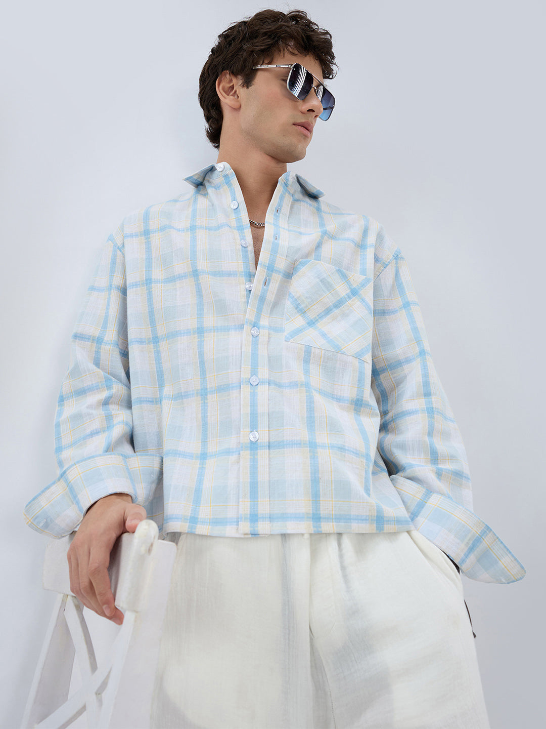 Premium Summer Sky Fine Weave Linen Blend Boxy Fit Crop Shirt