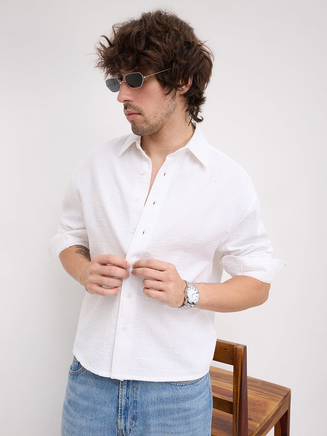 Intricate Pearl White Geometric Textured Boxy Fit Crop Shirt