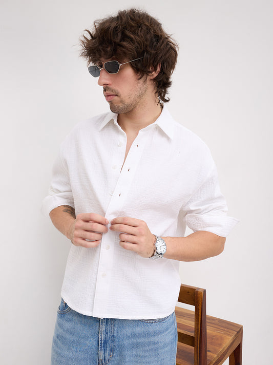 Intricate Pearl White Geometric Textured Boxy Fit Crop Shirt