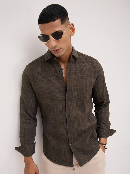 Coffee Brown Ledger Checks Double Cloth Shirt
