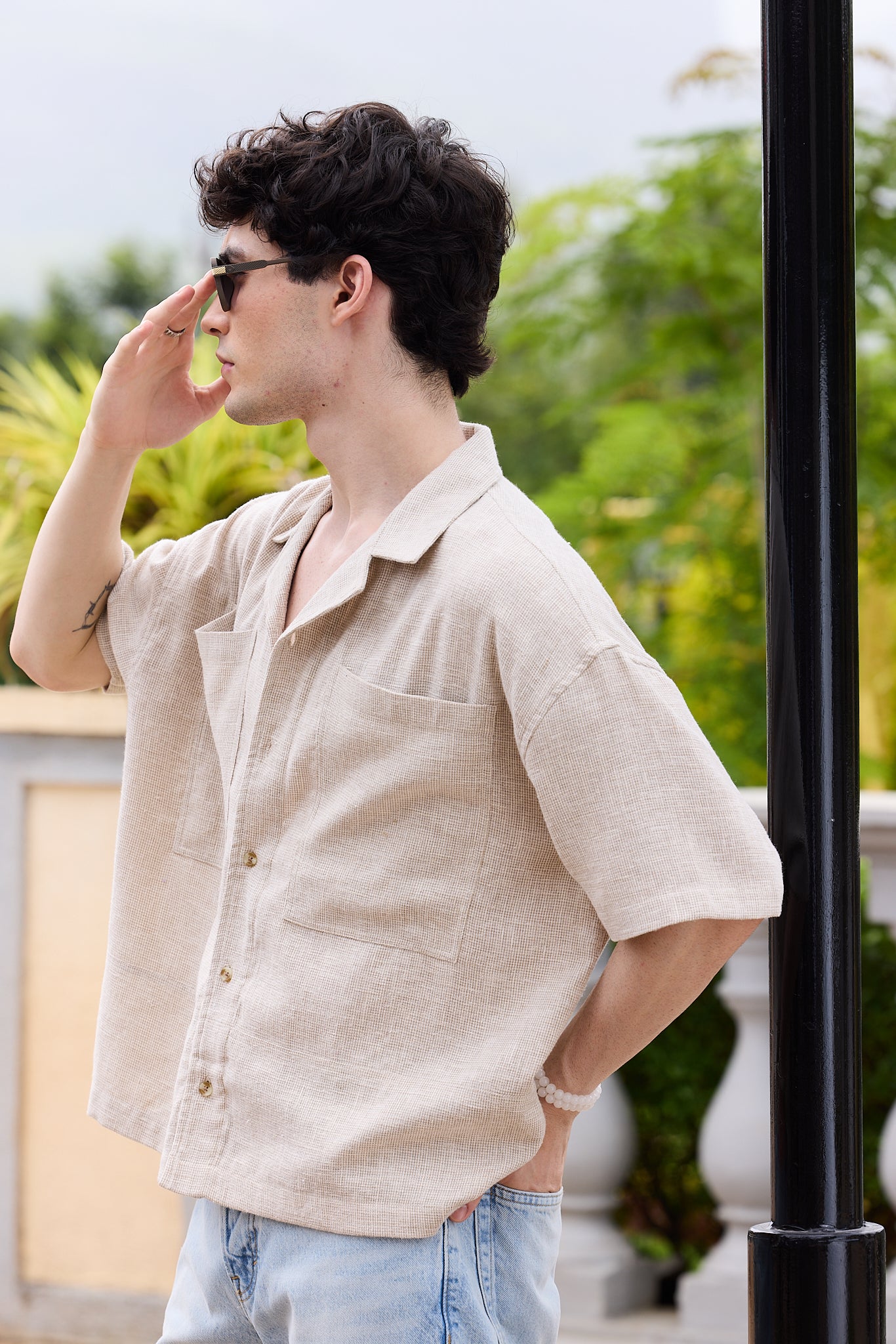 Sahara Beige Vacation Luxe Oversized Twin Pocket Crop Shirt