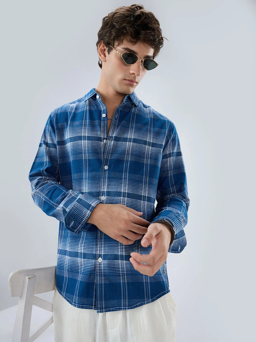 Denim Blue & White Horizontal Stripe Checked Shirt