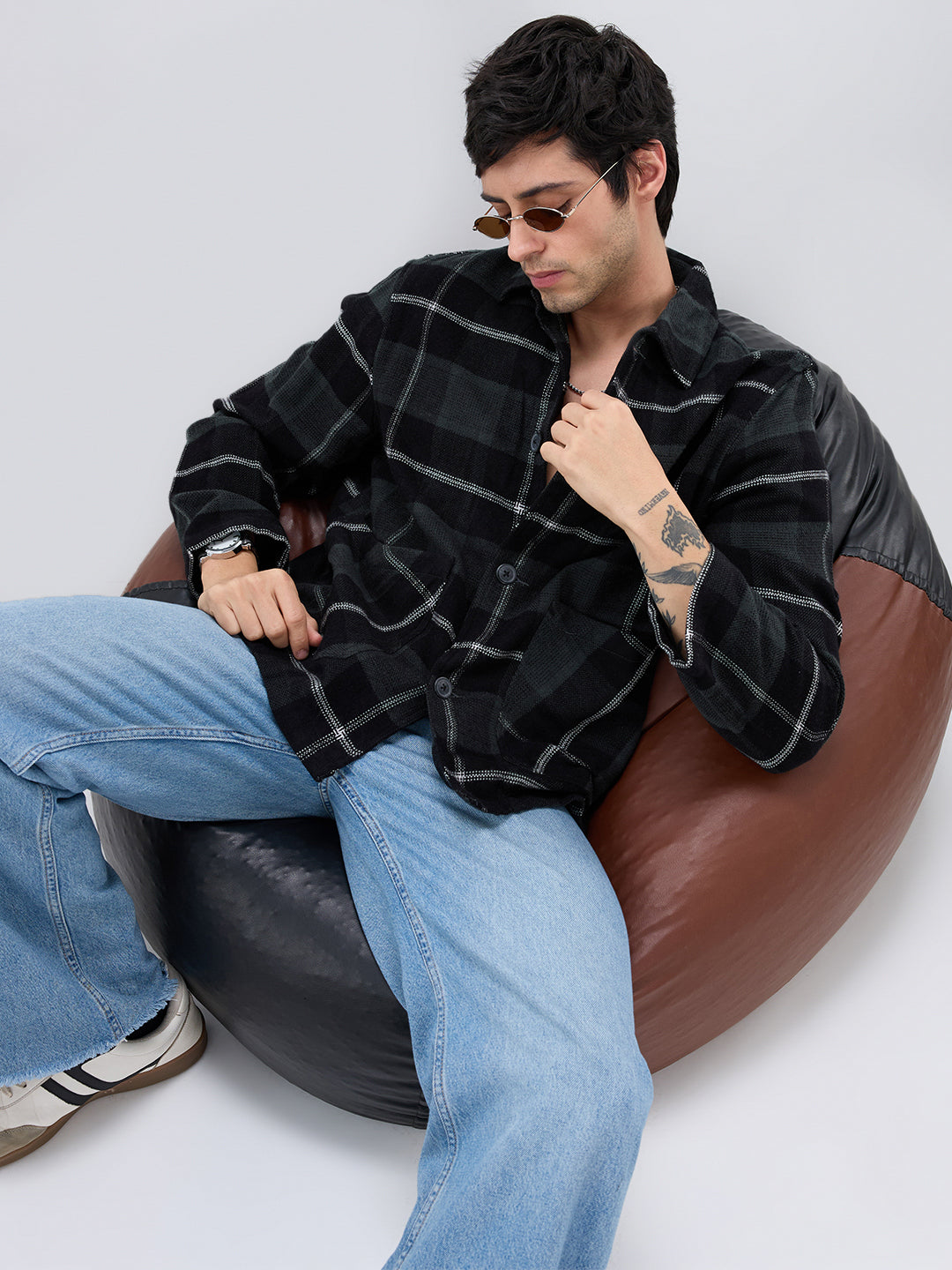 Black Flannel Plaid Checks Oversized Double Pocket Cropped Shacket